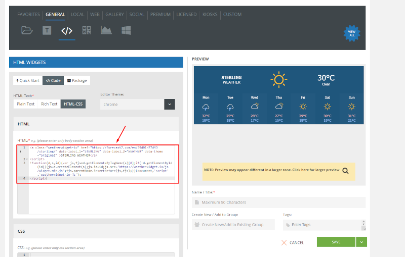 Pasting HTML code from weather widgetio into HTML content app in XhibitSignage