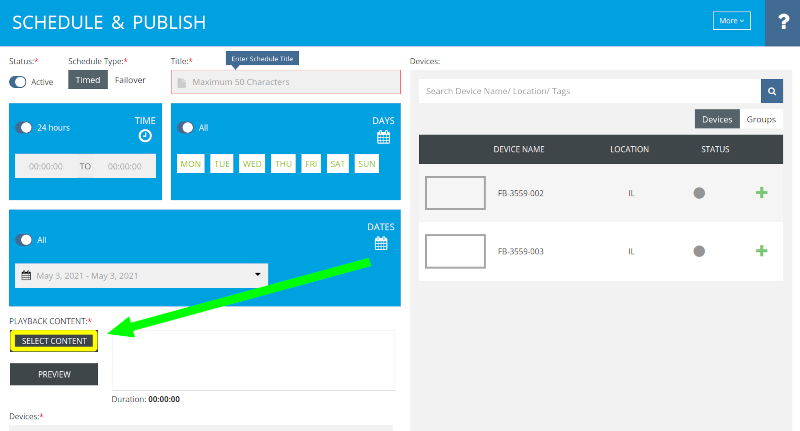 This is how to select content in Schedule and Publish in XhibitSignage