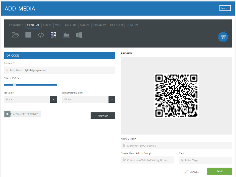 Using the preview button within the QR content app in XhibitSignage