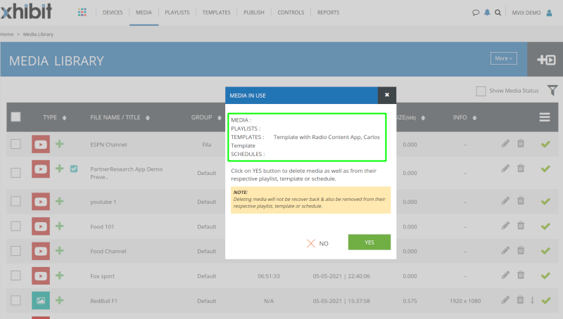 Media in use when deleting files in XhibitSignage