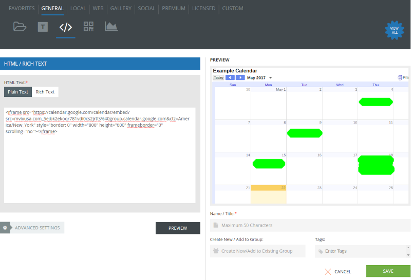 Preview of Google Calendar embedded in Xhibit Signage