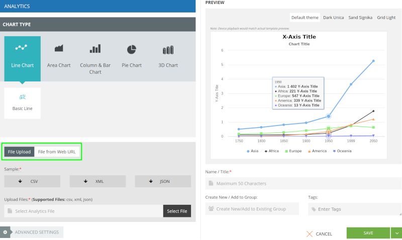 The Analytics content app can grab documents by uploading files or a file from the URL web