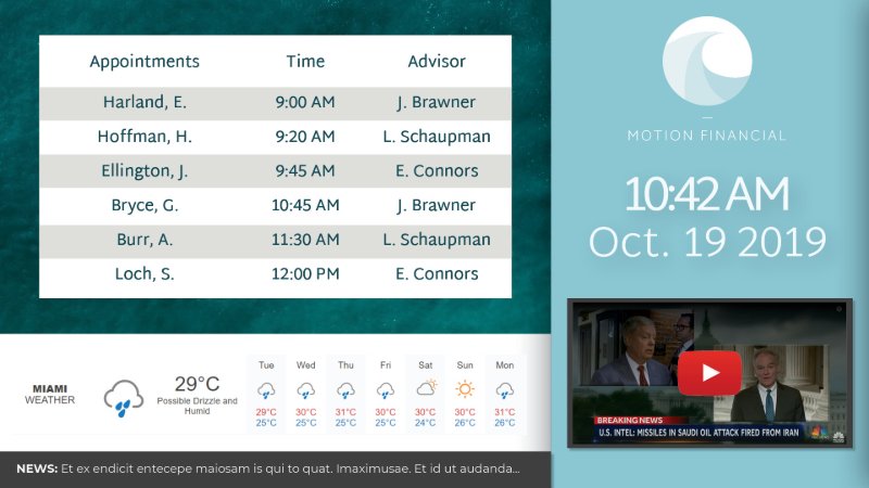 Template for a bank that displays the appointment orders with weather and a YouTube video playing