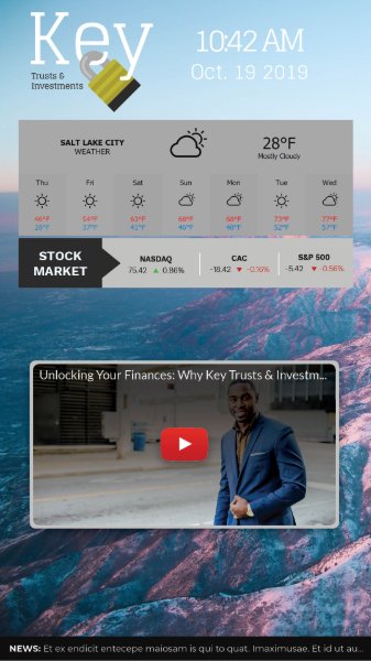 Bank template, with weather and YouTube video as main content on the screen. The time and date is also displayed with the bank logo and a background image