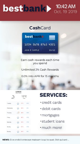 bank services and credit cards on a display screen