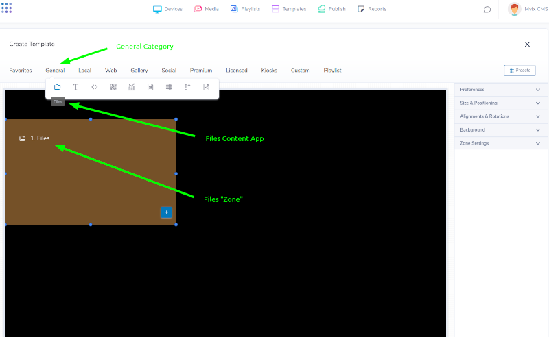 Adding zone to template in mvix cms v3