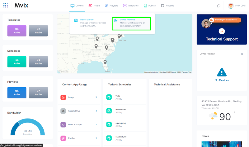 How does device preview work in Mvix CMS