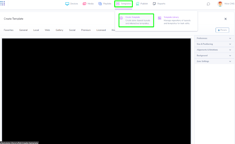 Navigating to create template in mvix cms v3