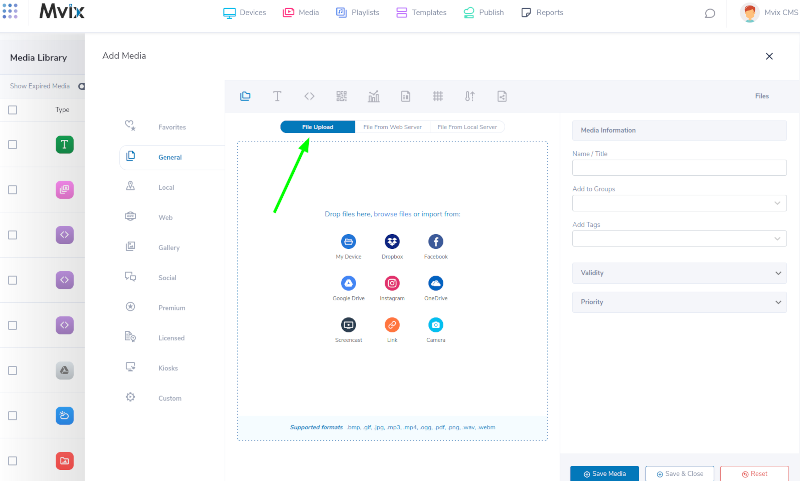 Uploading a file using mvix cms v3