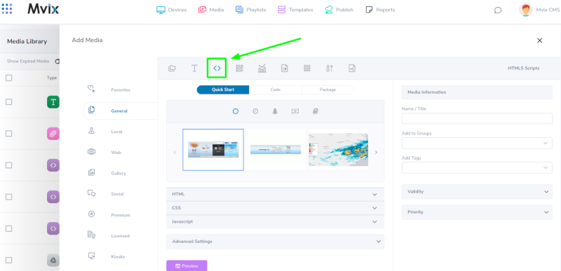 Adding html5 content in mvix cms v3