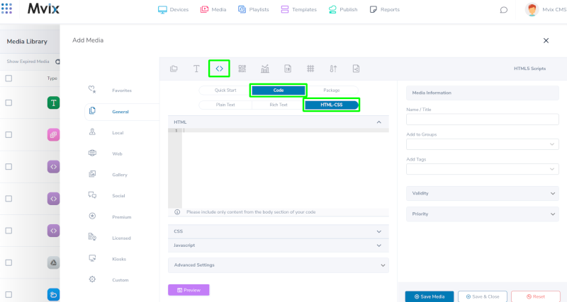 Using the code and html-css feature with HTML content app in mvix cms v3