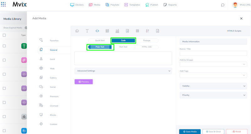 Using the code and plain text feature with HTML content app in mvix cms v3
