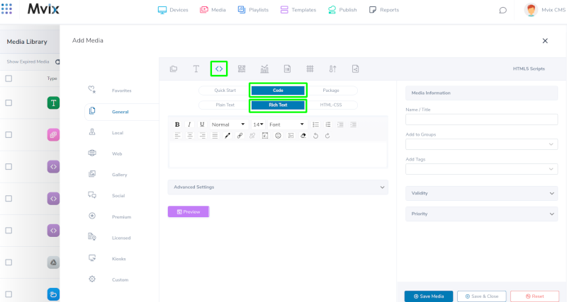 using the code and Rich Text feature with HTML content app in mvix cms v3
