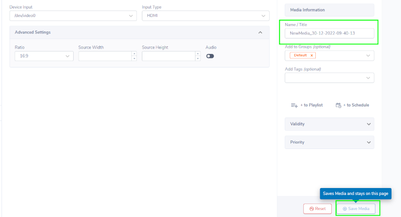 name and save video input media in mvix cms