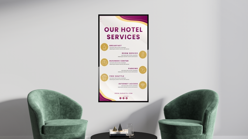 Digital Poster on a hotel wall advertising hotel services