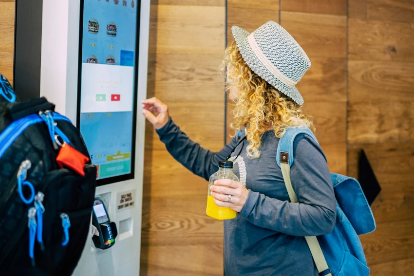 Woman in hat using a touchscreen kiosks to order burgers